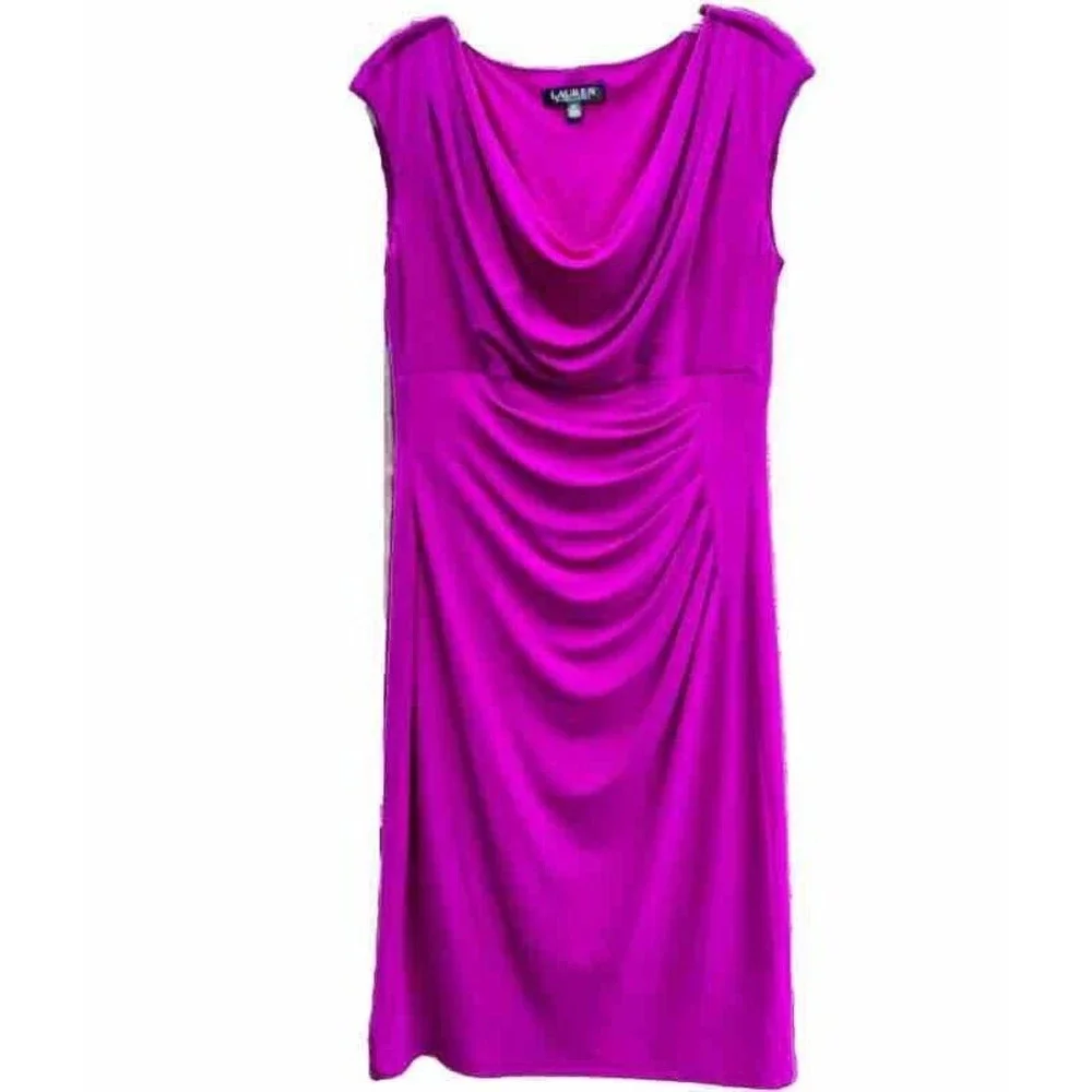 ❌SOLD❌Lauren Ralph Lauren Bright Magenta Pink Cowl Neck Ruched  Dress Size 8 - Picture 6 of 15